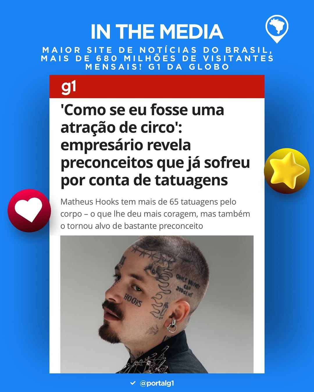 UAU! Obrigado @portalg1 por deixar eu contar minha história e se interessar pelo tema de preconceito na sociedade. Foi um prazer dar essa entrevista. Fico muito feliz em estar no portal de notícias mais famoso do Brasil! 

É um tema sensível, é algo que vivo no dia a dia, então espero que leiam com atenção ❤️
 
#g1 #globo #tattoo #tattoos #tatuagem #ink