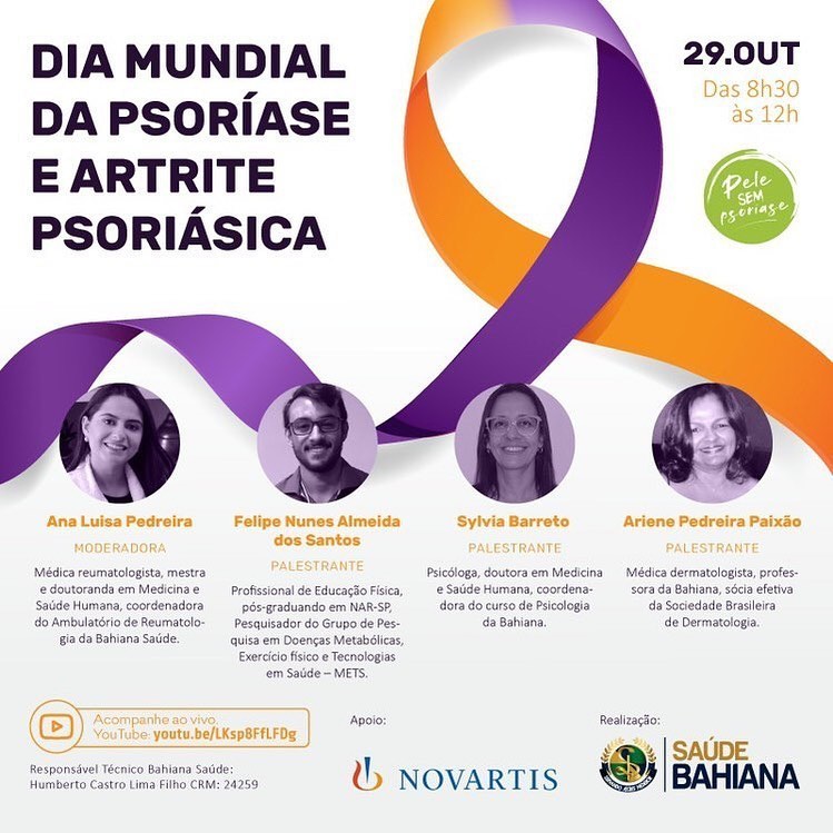 A Bahiana Saúde convida para o evento que irá abordar a psoríase e a artrite psoriática, no *Dia Mundial da Psoríase.*
*Dia 29/10, sexta-feira, às 8h30, no YouTube.*
Confira a programação:
▫️08h30 - Boas vindas - Vídeo Introdutório: Psoríase e Artrite Psoriásica
▫️9h - Psoríase além da pele - Ariene Paixão (Dermatologista)
▫️9h30 - Será que tenho Artrite Psoriásica? - Ana Luísa Pedreira (Reumatologista)
▫️10h - Triagem para artrite psoriásica
▫️10h15 - Intervalo10h30 - A importância dos aspectos