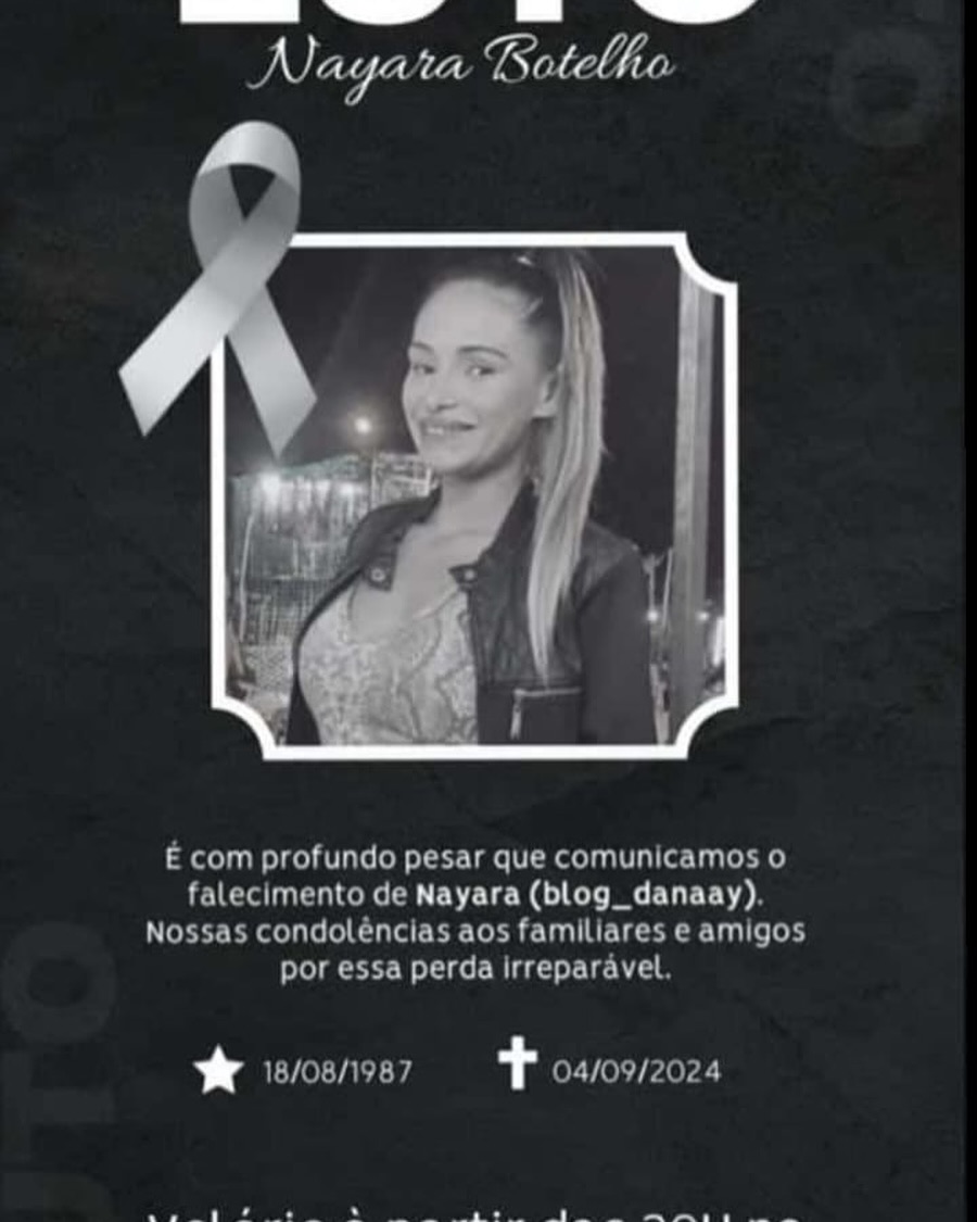E com profundo pesar que viemos comunicar que a nossa querida Nayara Pereira de Souza Botelho a nossa guerreira lutou muito contra o câncer,mas hoje infelizmente nao resistiu e nos deixou. “Ola meus amorecos” 🥀🖤