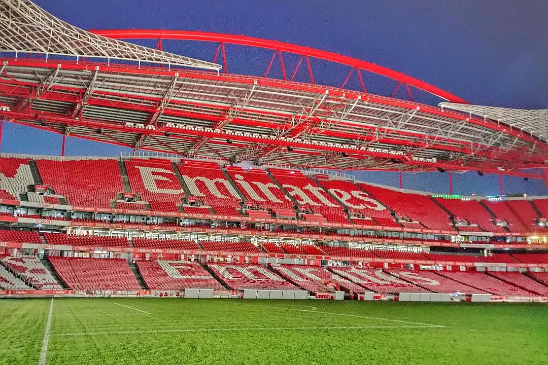.
🌎 Voltando de Évora, encerramos o dia visitando o belo Estádio da Luz ou Estádio do Sport Lisboa e Benfica (nome oficial). Foi um belo passeio pela história do clube e do estádio, onde também tem um museu e os troféus de tantas conquistas. No final da visita tivemos acesso à lateral do gramado e vimos também as famosas águias do Benfica, a  Vitória e a Gloriosa. Essa da foto é uma delas, mas não me pergunte qual... 😅 / 
Returning from Évora, we end the day visiting the beautiful Luz Stadium 