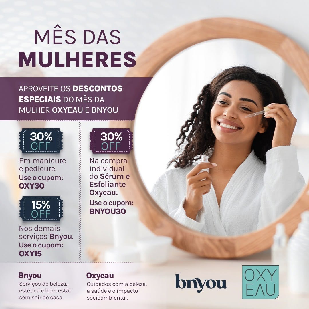 Nos juntamos com a @bnyou.art para que o mês das mulheres seja com os cuidados que vocês merecem! ❤️

A BNYOU possui serviços completos de beleza, estética e bem estar sem precisar sair do conforto da sua casa. 😍

Incrível né? 

Entre no site bnyou.art, confira os serviços e as regiões de atendimento. 

Então, aproveite os descontos especiais e garanta seu dia de beleza. 😉

#skincare #belezainteligente #cuidadoscomapele #oxyeau #bnyouart