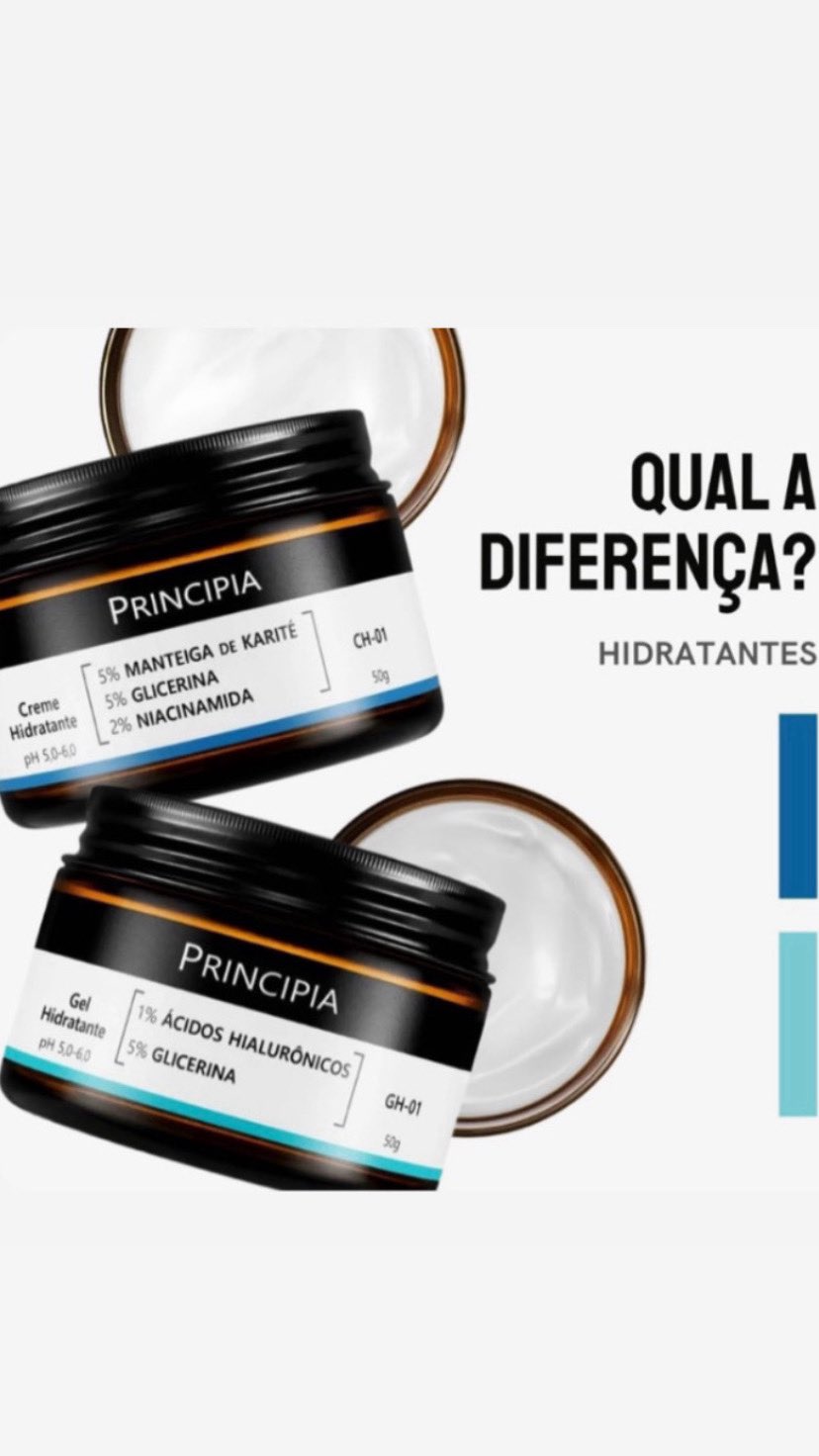 Qual a diferença? 🤔 LANÇAMENTO @principiaskincare Creme hidratante.

O que diz a marca:

O *GH-01* é um gel hidratante super leve, com 1% de ácidos hialurônicos e 5% de glicerina, ideal para quem busca hidratação sem pesar, inclusive em peles oleosas. 
O CH-01* é um creme de hidratação com 5% de manteiga de karité, 5% de glicerina e 2% de niacinamida, pensado para peles secas ou mistas, oferecendo hidratação profunda e comprovada.

Apesar das texturas e propostas diferentes, os dois têm muito e