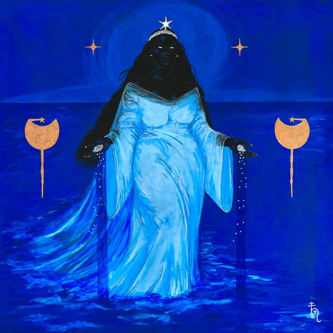Yemanjá, senhora das águas

- acrílica, waji, nanquim, lápis de cor, marcador e pigmento ouro sobre papel kraft
55x55cm
(arte original disponível / prints físicos em diferentes tamanhos disponíveis)

amanhã, dia 02 de fevereiro, é celebrado o dia de Yemanjá, a soberana do mar. você já deve ter visto por aí alguma representação dela como uma moça branca, magra e de cabelos longos e pretos, né? diferente do que é retratado, há muito tempo, em pinturas, estatuário e no imaginário de muita gente (qu