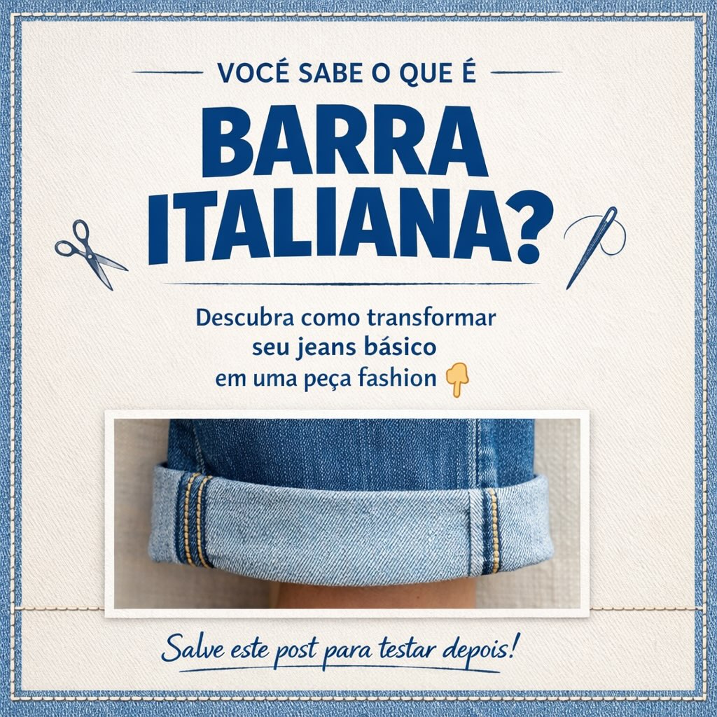 👖✨ Seu jeans não precisa ser descartado… precisa ser transformado.

Muitas vezes o que deixa a peça:
• sem graça
• desproporcional
• ou com caimento estranho

não é o jeans — é o acabamento.

A barra italiana é aquele detalhe pequeno que muda TUDO no visual.
Ela valoriza o sapato, melhora o caimento e deixa a produção muito mais estilosa.

E o melhor?
Dá pra fazer no seu jeans que já está parado no guarda-roupa. 😉

⚠️ Antes de comprar outro, me chama.

📲 Envie uma foto do seu jeans no direct
