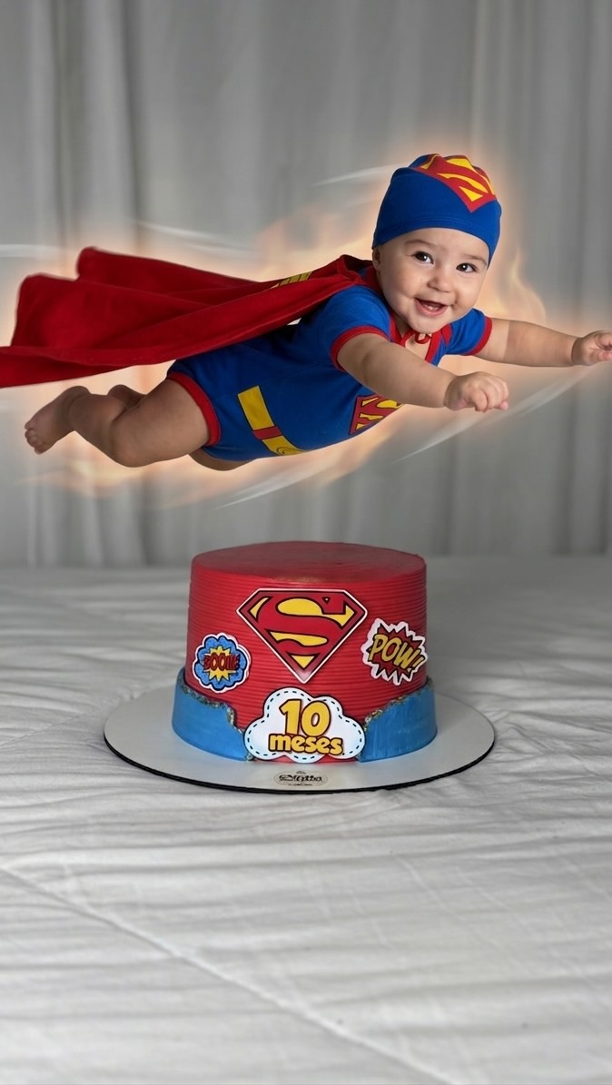 Feliz 10 meses, nosso super Lucca! 🩵
Nesse mêsversário o super homem só queria  uma missão: pegar o bolo a todo custo, e ele até que conseguiu passar suas pequenas mãozinhas no bolo, no vídeo ele até mostra a mão pintada de vermelho, hahaha 🤏🏻

#superheroes #mesversariomenino #superman #superhomem #herois