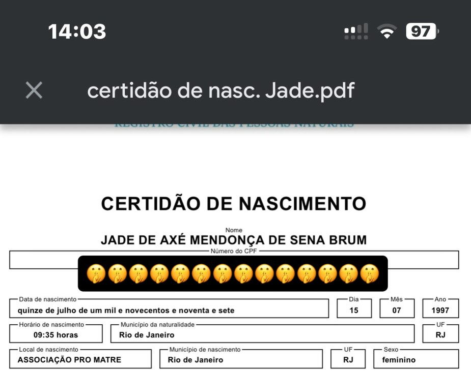 ⚠️MEU NOME É JADE DE AXÉ⚠️

13 de maio de 2026
Dia dos Pretos Velhos e da Abolição da Escravatura no Brasil.

Tem dias que meu coração e espírito estão lutando, conflitos e sentimentos um tanto desagradáveis. Hoje eu falei: “Papai Ossain, eu queria que o senhor me abraçasse”, ele me disse: você vai ganhar o abraço, filha.
E veio, um alerta estranho no telefone, Ministério Público Federal, resolução aprovada! Estou aguardando isso há 11 meses.

“É só um documento”, sei que ele não vai calar as tr
