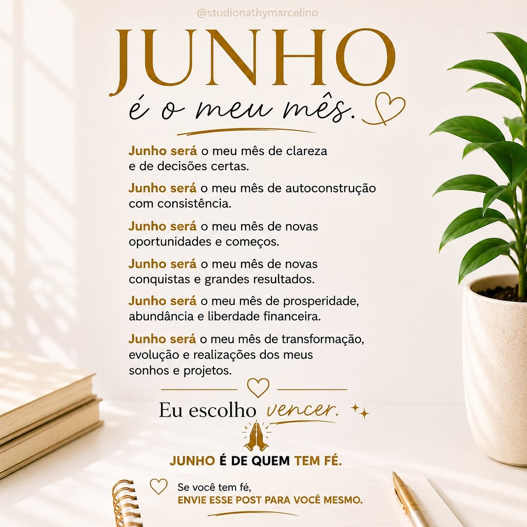 Junho chegou. ✨

Que seja um mês de fé, propósito, crescimento e grandes realizações.

Se você acredita que coisas boas estão a caminho, comenta: EU CREIO. 🙏🏿✨
