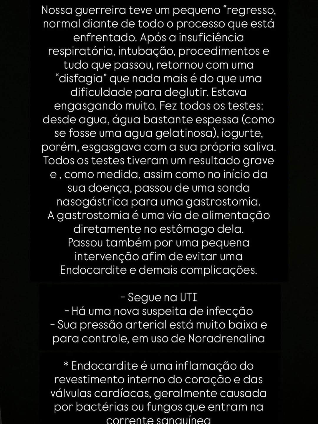 Noticias:

Está em acompanhamento com as equipes médicas: equipe de cuidados paliativos (que hoje a traz o maior conforto), pneumologia, neurologia e anestesiologia para as intervenções. Alinhados claro, com as demais equipes profissionais que são fundamentais para a nossa Ana. Continuamos pedindo a todos orações, pensamentos e energias positivos. A Ana precisa e merece. Força, nossa guerreira! 🙏🏻