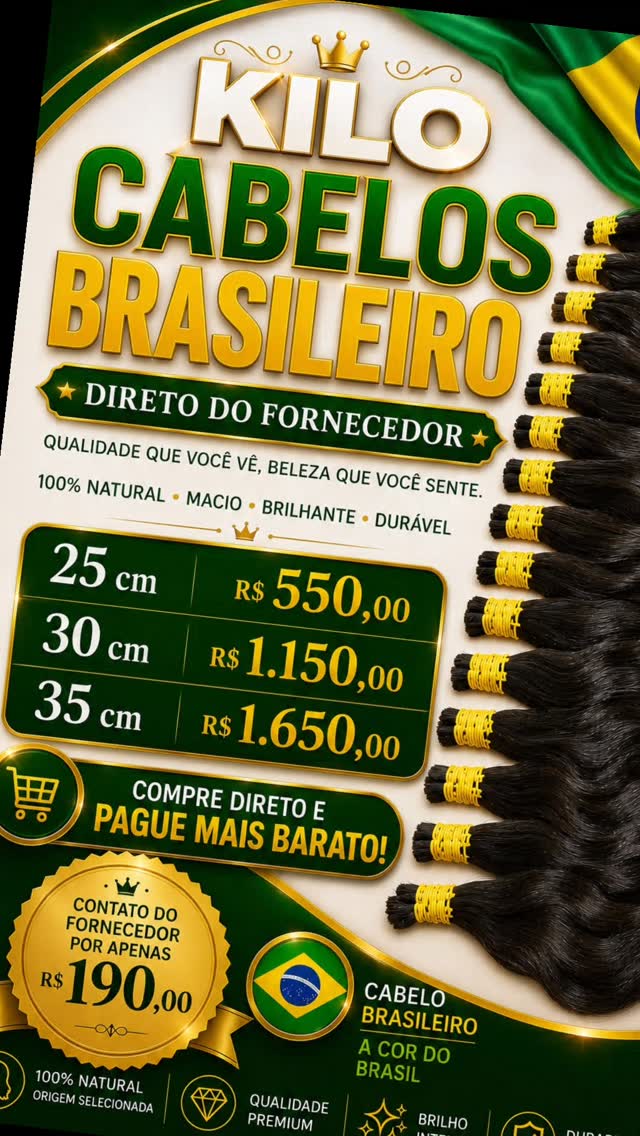 Esse é o valor direto com o fornecedor:
📌 25 cm — R$ 400,00/kg
📌 30 cm — R$ 1.000,00/kg
📌 35 cm — R$ 1.400,00/kg
Material de excelente qualidade para quem trabalha com perucas, mega hair e próteses capilares. Se quer empreender só me chamar que te dou o fornecedor desses cabelos maravilhosos