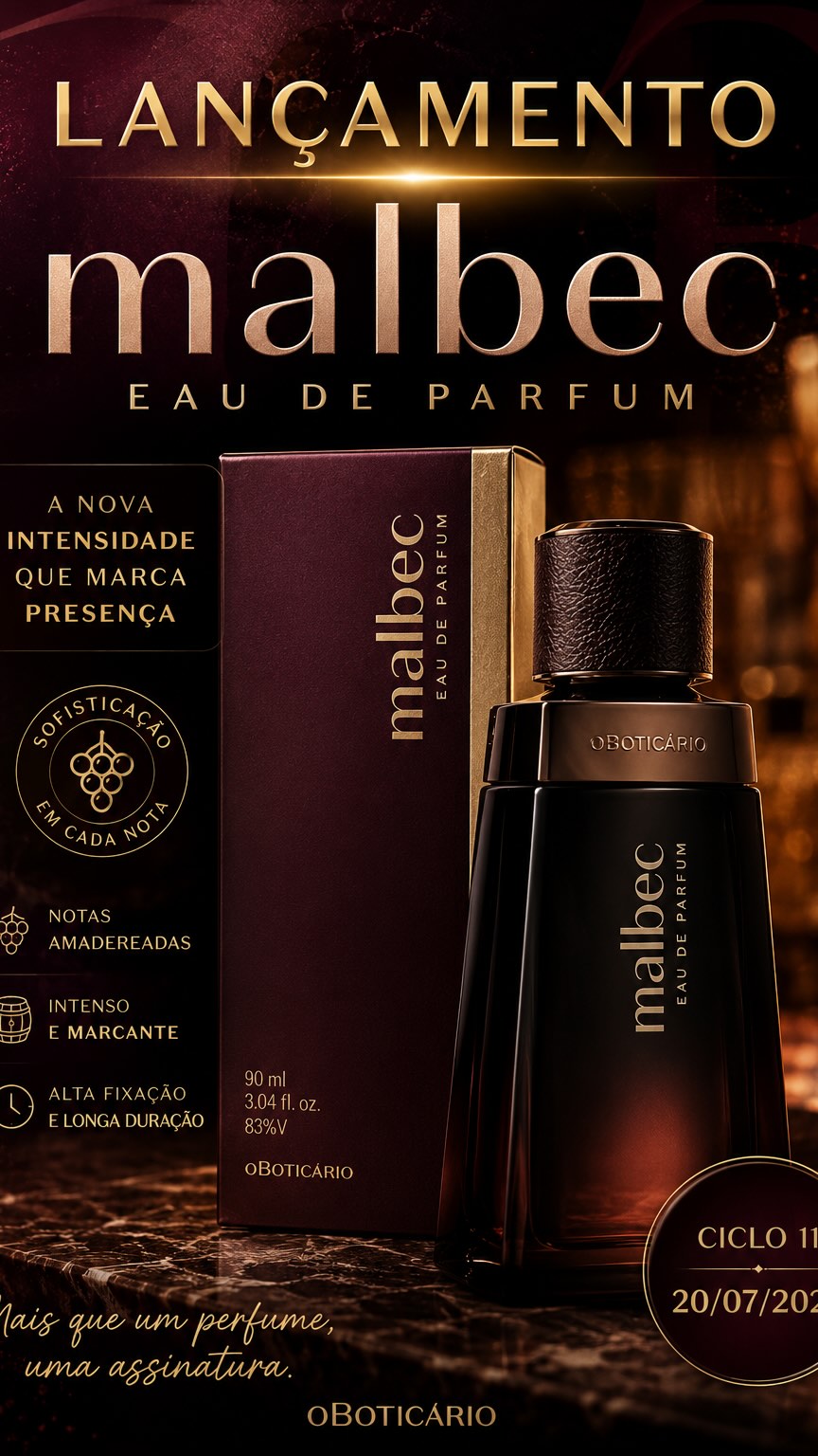 🍷✨ MALBEC EAU DE PARFUM! ✨🍷

Prepare-se para conhecer uma fragrância que eleva a intensidade a outro nível.

Malbec Eau de Parfum chega com uma assinatura sofisticada, marcante e envolvente, perfeita para homens que gostam de deixar sua presença registrada por onde passam.

🔥 Alta fixação
🔥 Fragrância intensa e elegante
🔥 Notas amadeiradas marcantes
🔥 Ideal para ocasiões especiais e para quem gosta de perfumes de presença

Um lançamento que já está dando o que falar entre os apaixonados po