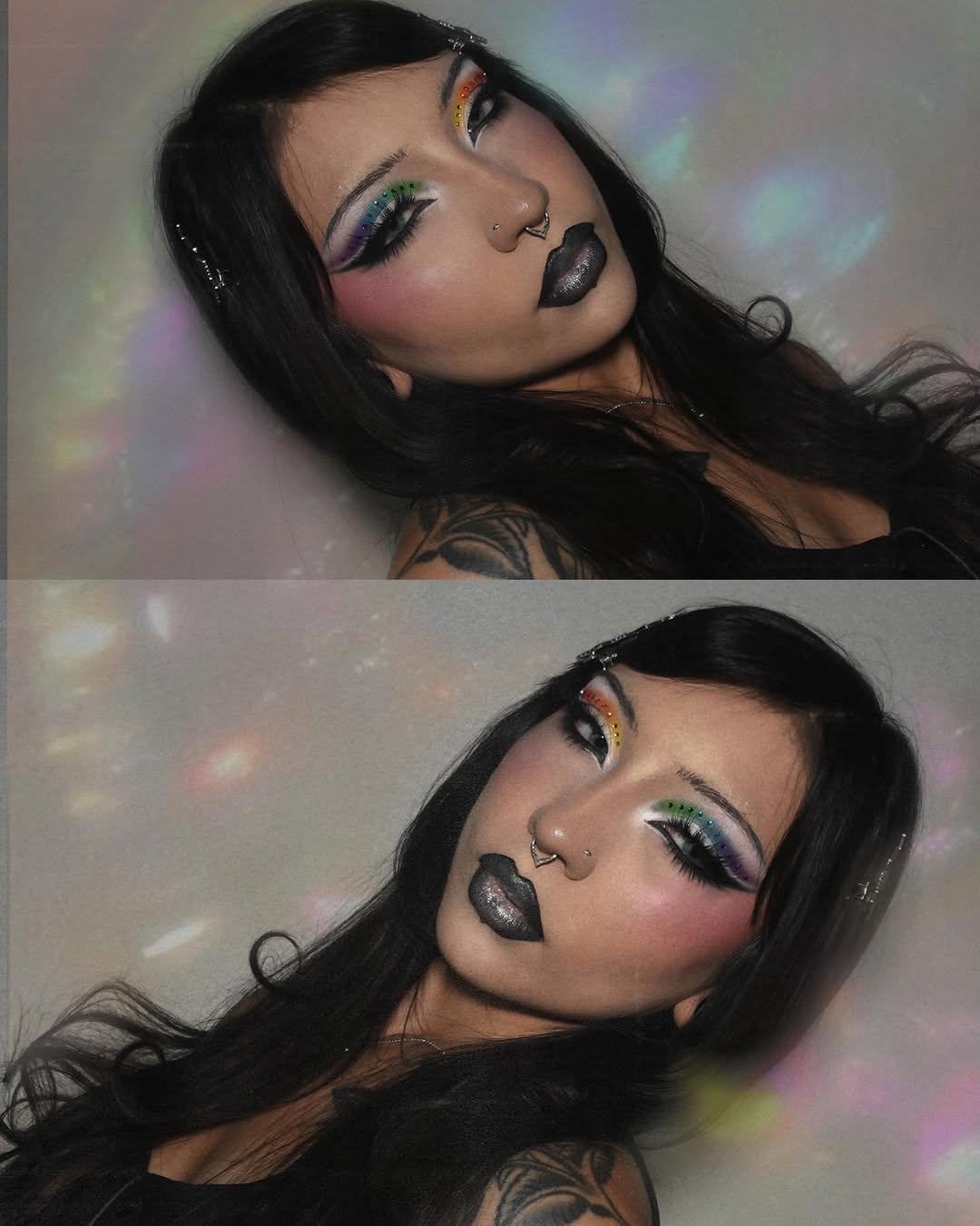 first pride look 🌈💛🩵🩷 what do we think? black lipliner or nude? 
PRODUCTS USED: 
@saiebeauty starglow glowy super gel 
@hudabeauty cherry light color corrector/ faux filter concealer / sugar cookie powder 
@merit completion stick 
@anastasiabeverlyhills impeccable foundation 
@morphebrushes capri cabana cheek thrills bronzer 
@hudabeauty cotton candy blush 
@anastasiabeverlyhills arch brow pencil 
@colourpopcosmetics fade into hue palette 
@eldorafalseeyelashes in style fm11
@meltcosmetics b