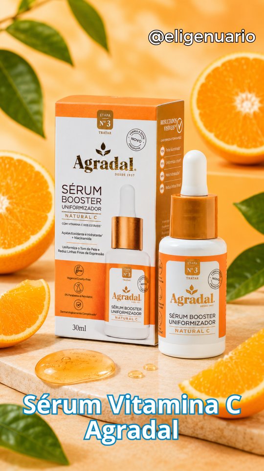 Encaracoladas!!!

O Sérum Booster Uniformizador Natural C da @agradal_ é um concentrado antioxidante com 10% de vitamina C estabilizada, ácido hialurônico, ácido ferúlico e niacinamida. 

Ele clareia manchas, uniformiza o tom da pele e suaviza linhas finas, promovendo hidratação sem deixar sensação oleosa.

Sua textura é ultraleve, de rápida absorção, toque seco e sem petrolatos.

Pode ser usado pela manhã e/ou à noite, não esquecendo que, durante o dia, é fundamental finalizar com o protetor so