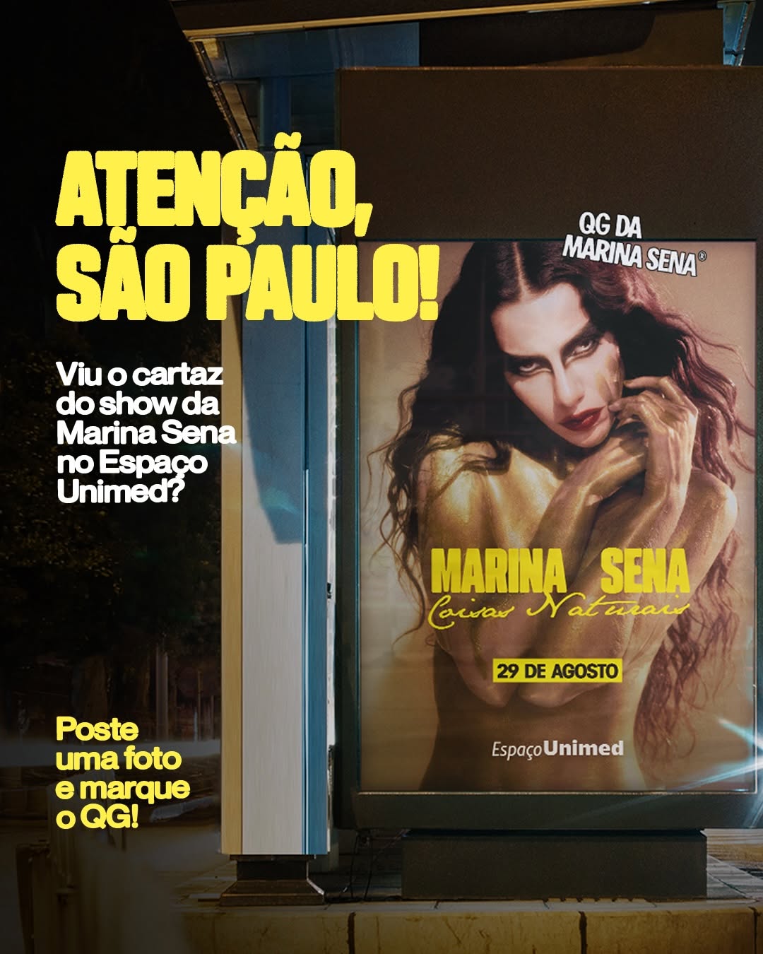 Viu o cartaz da @amarinasena em São Paulo?! 👀✨ 

Envie sua foto na dm do QG, poste no story e marque @qgdamarinasena e @espacounimed.🔮📸

Os cartazes ficam na rua até 15 de junho. 

__

29/08 - São Paulo - SP - Marina Sena: Coisas Naturais Ao Vivo - @espacounimed

🎟️ garanta seu ingresso (link na bio)