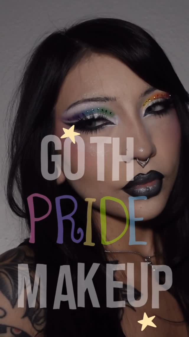 goth pride makeup 🌈🖤
products used 
@saiebeauty glowy super gel 
@danessa_myricks blurring balm 
@hudabeauty cherry light color corrector 
@merit the minimalist complexion stick 
@anastasiabeverlyhills impeccable foundation 
@hudabeauty faux filter concealer / sugar cookie powder 
@morphebrushes cream bronzer 
@colourpopcosmetics fade into hue palette 
@eldorafalseeyelashes in fm111
@trixiecosmetics oh honey palette 
@blackmooncosmetics black lipliner 
@unearthlycosmetics chrome metallic lipst