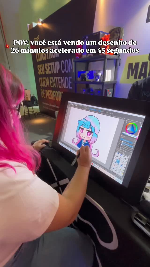 Testei a Artist Pro 24 (ela é maior que eu!!!) da @xppen_br no stand da @lumeinformatica no evento @superxp.oficial! Obviamente, desenhei a Sunny da #TurmaDaBatatinha 🪼✨ #art #speedart #artista #superxp