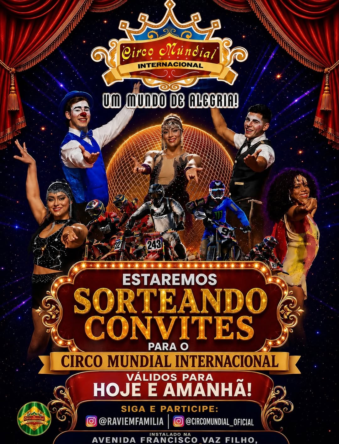 🎪SORTEIO RELÂMPAGO ⚡️ 

O @circomundial_oficial e @raviemfamilia 

🎁Vão presentear 25 famílias com 1 par de convites válidos para as sessões 16/06 ou 17/06 
Avenida Francisco Vaz Filho - Araraquara

Para participar 
1️⃣ Siga @circomundial_oficial e @raviemfamilia 
2️⃣ Comente Eu quero e marque um amigo 
3️⃣ Mande uma mensagem para no direct do @circomundial_oficial dizendo: GANHEI o sorteio do Ravi em Familia com seu nome e do acompanhante 
4️⃣ Espere a confirmação, os 25 primeiros a mandarem 