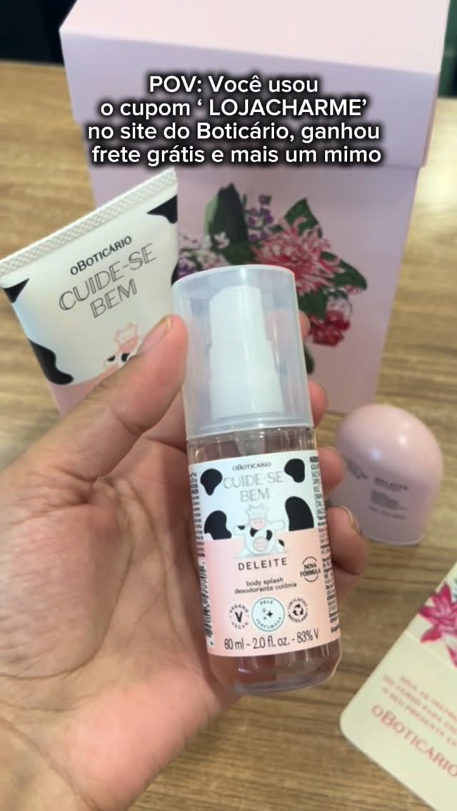 Aquele cheirinho de autocuidado que a gente ama, com mimos que fazem a diferença! 🐮✨

Se você também não resiste à linha Cuide-se Bem Deleite do Boticário, prepara o coração! 

Usando o cupom 🏷️ LOJACHARME no site, além de garantir seus produtos favoritos, você ganha frete grátis e um mimo exclusivo para deixar a sua rotina de beleza ainda mais completa.

E olha a melhor parte para as ansiosas de plantão: comprou no site com o cupom, você pode escolher a opção de retirar na loja física apenas 